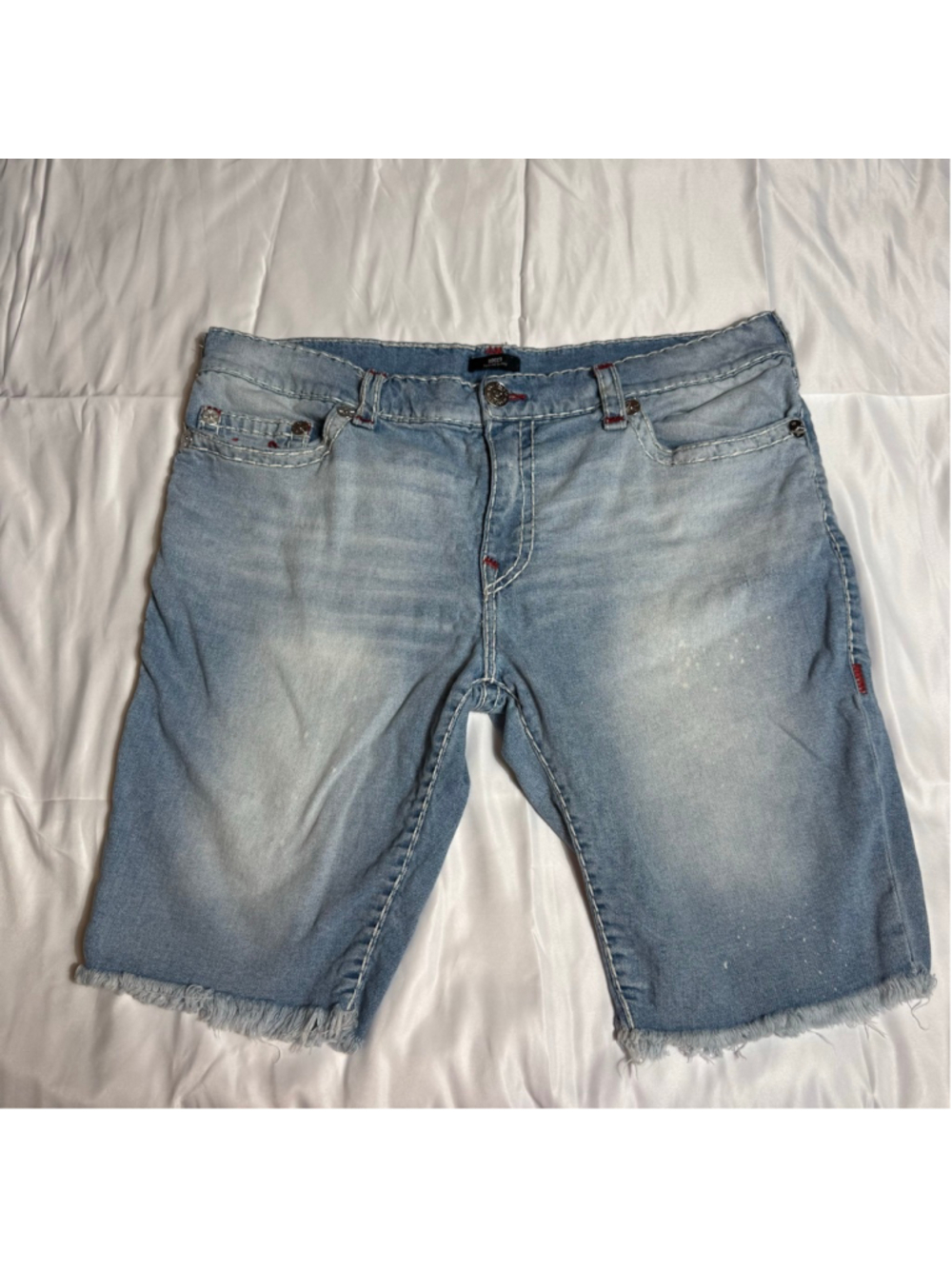 Men's True Religion Light Blue Jean Shorts Waist 42 with Red Stitching